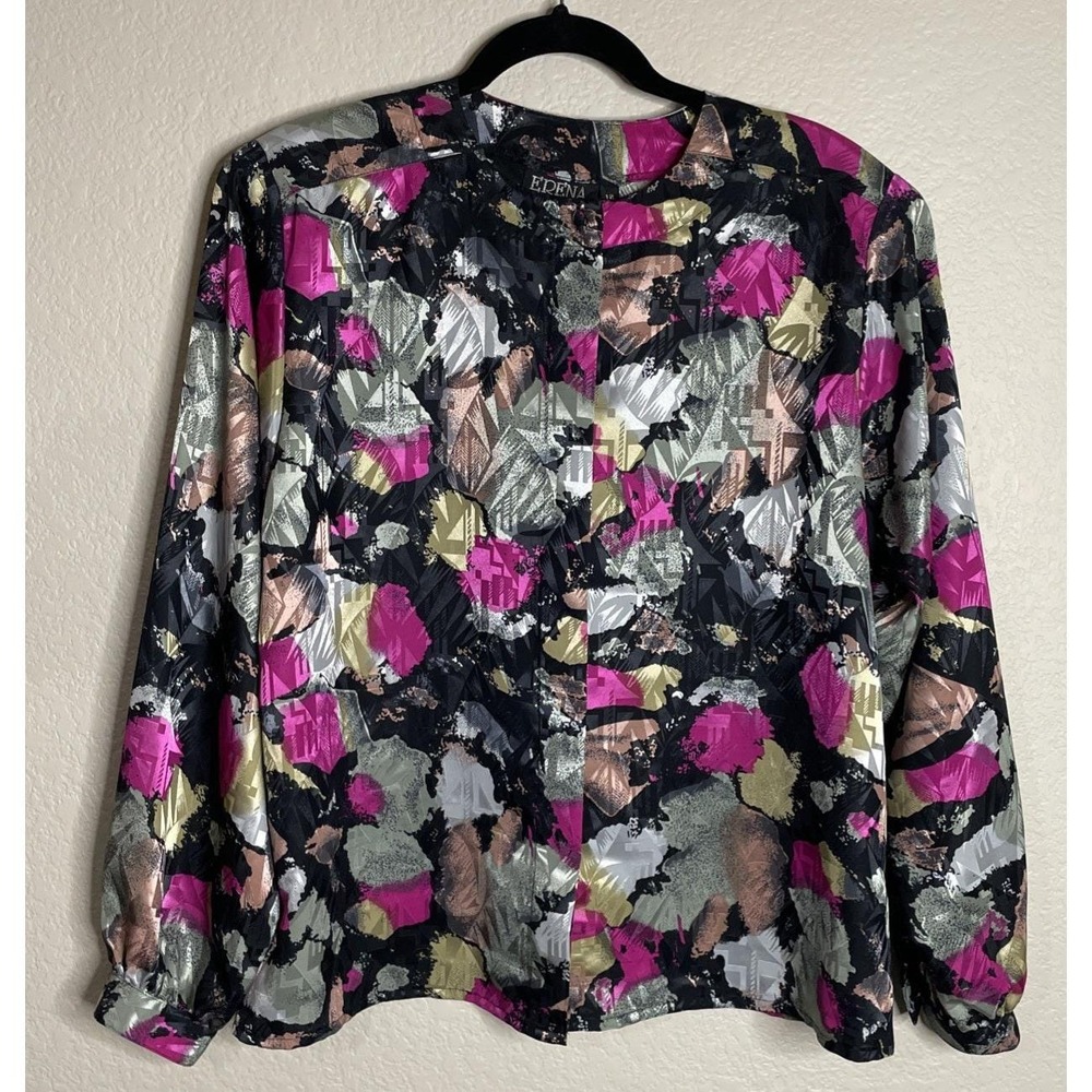 Erena Womens 12 Blouse Pink Gold Abstract Geometric Long‎ Sleeve Satin Top Retro